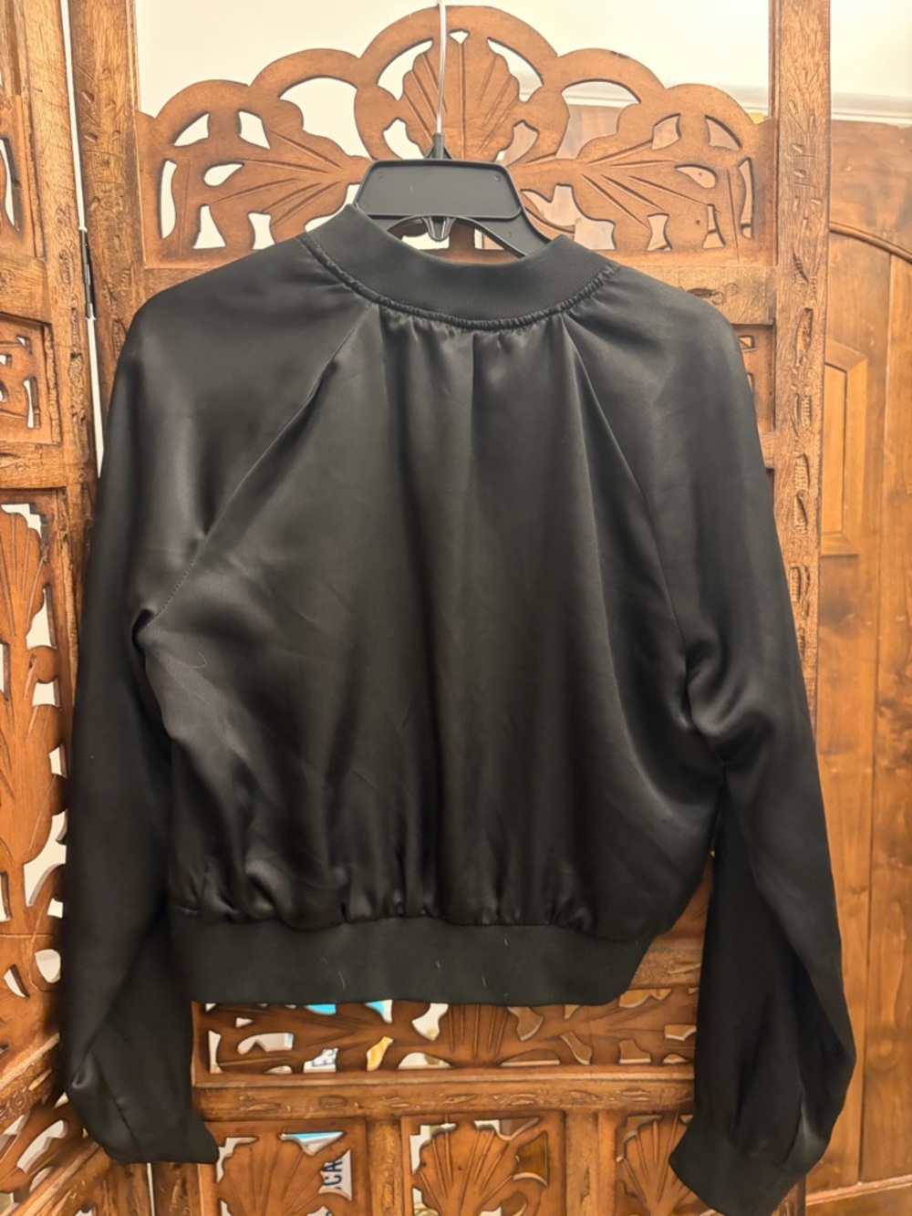 Charlotte Russe Black Satin Bomber Jacket with Ribbed Trim - Picture 4 of 5